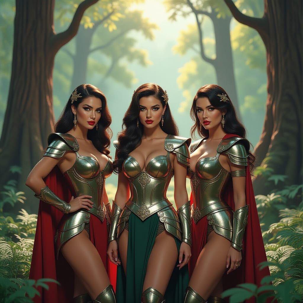 Warrior Goddesses in Mystical Forest, Hyperrealist Art