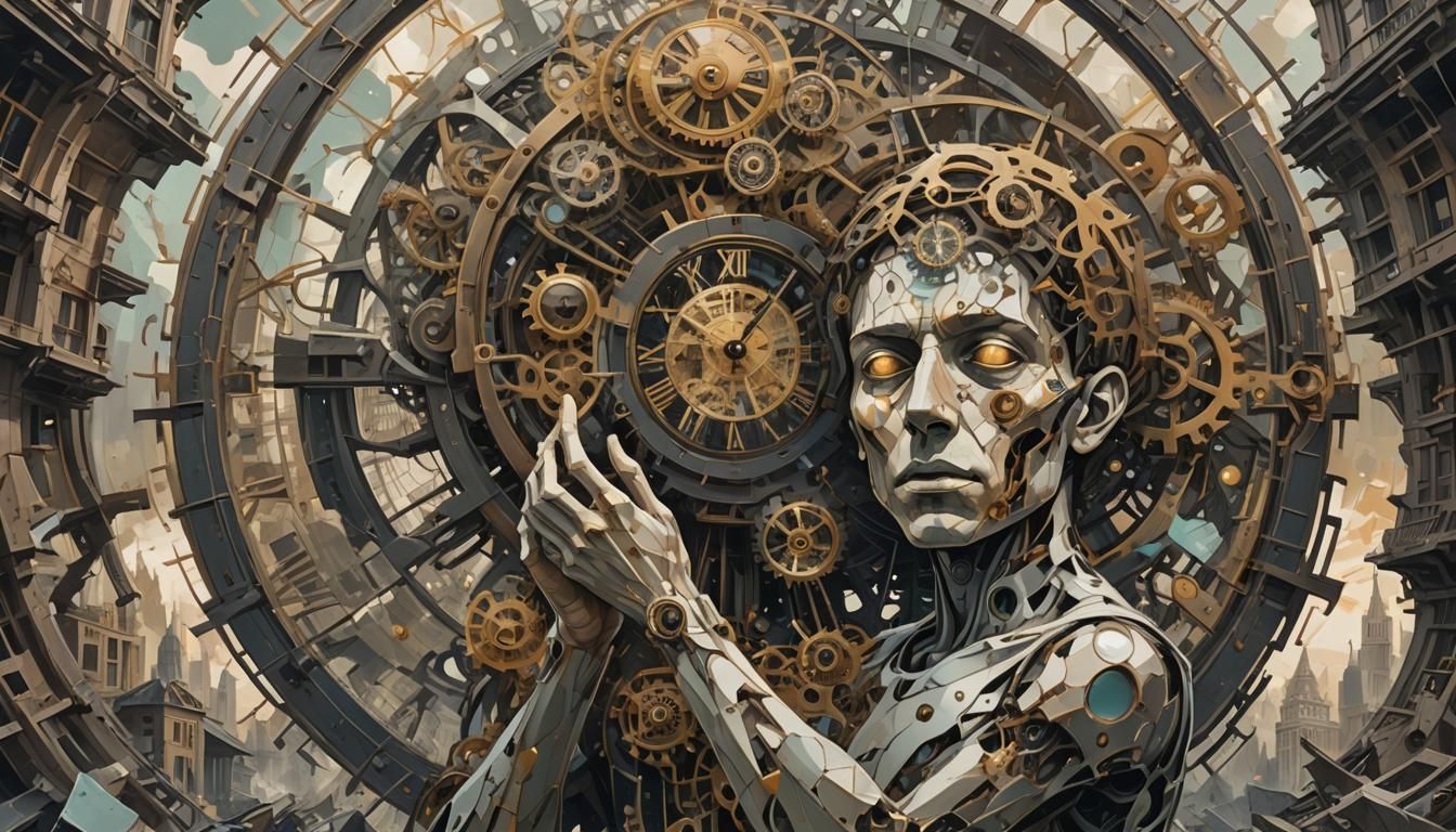 Cubist Figure in Shattered Timepiece Landscape