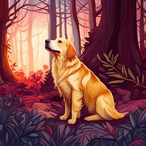 Golden Retriever in Forest: Realistic Detailed Photoillustra...