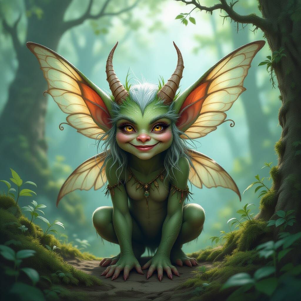Whimsical Gremlin Fairy in Mystical Forest Art
