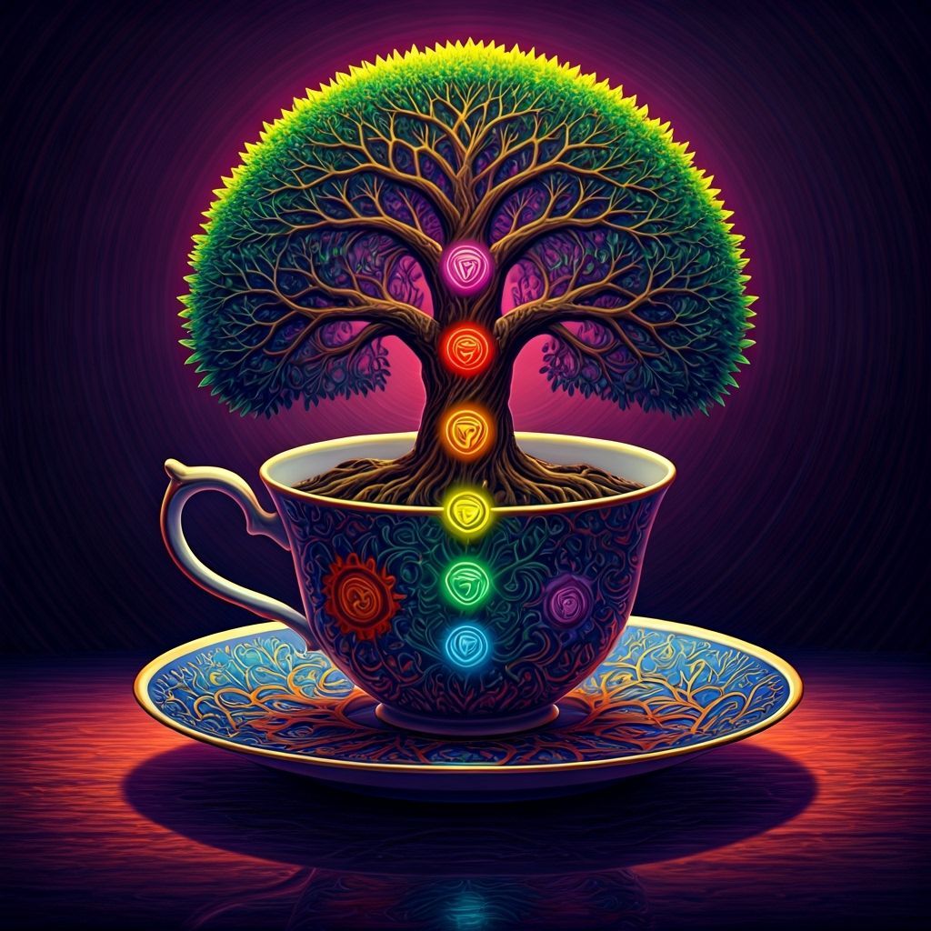 Psychedelic Tree of Life in Teacup with Chakra Crystals