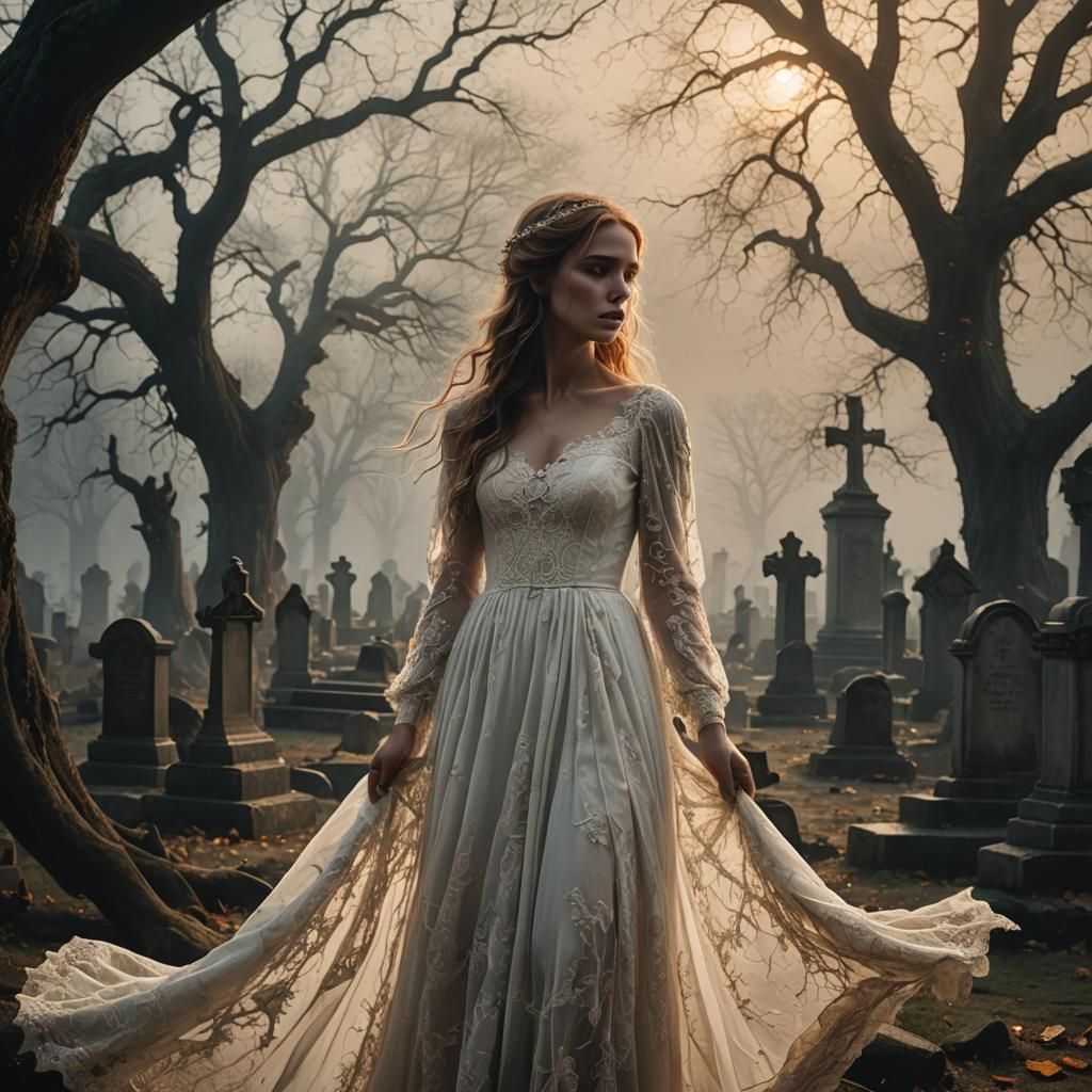 Crying Girl in Misty Graveyard Fantasy Concept Art