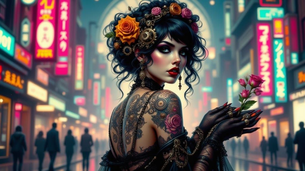 Steampunk Art Nouveau Woman in Metropolis