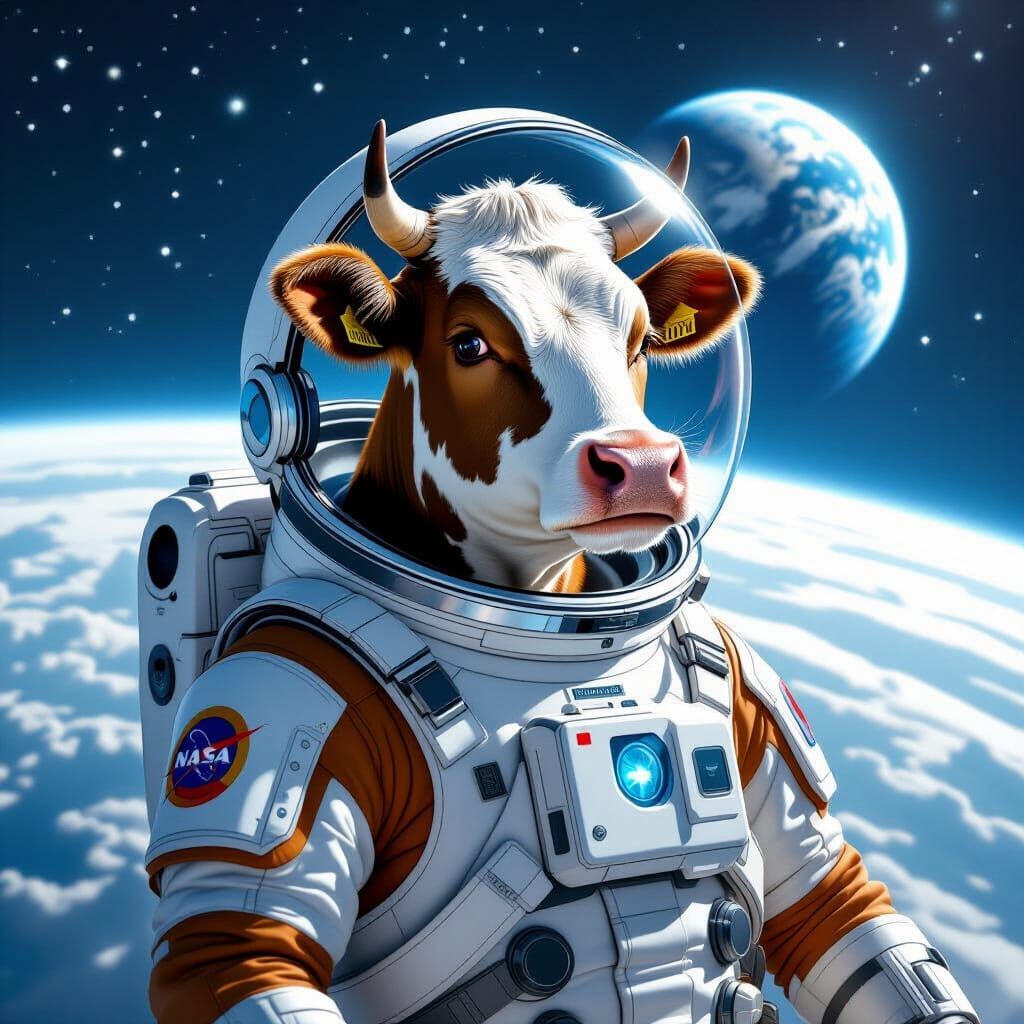 Cow Astronaut in Retro Spacesuit Floats in Orbit