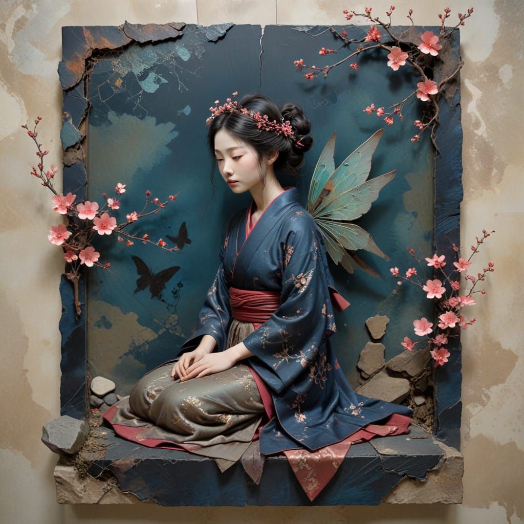 Fairy-Warrior in Indigo Kimono Shrine, Copper and Lace