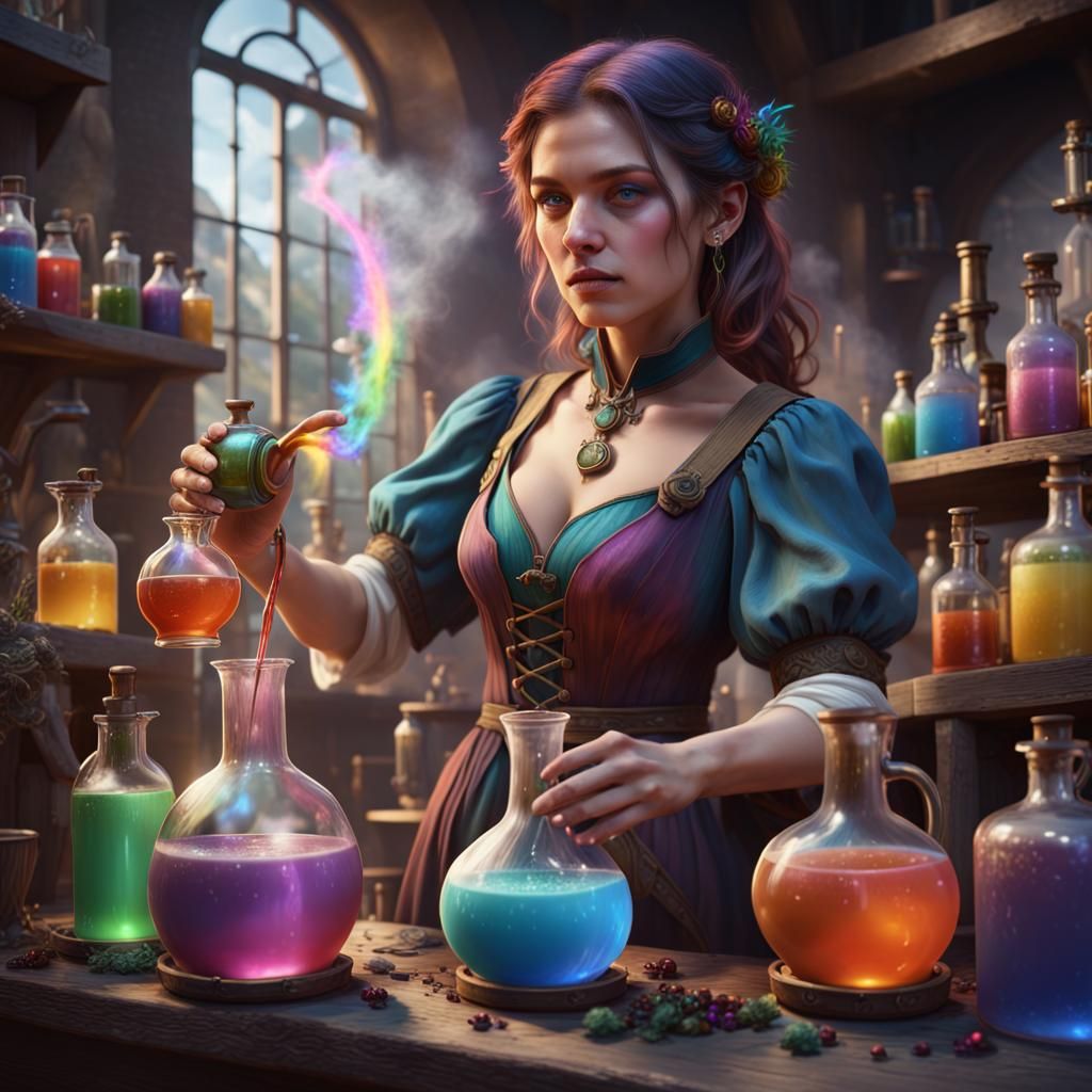 Alchemist Woman Brewing Rainbow Potions: Fantasy Concept Art