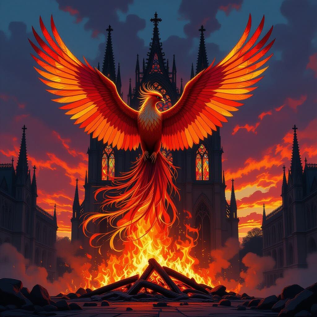 Stained Glass Phoenix Rising from Gothic Cathedral