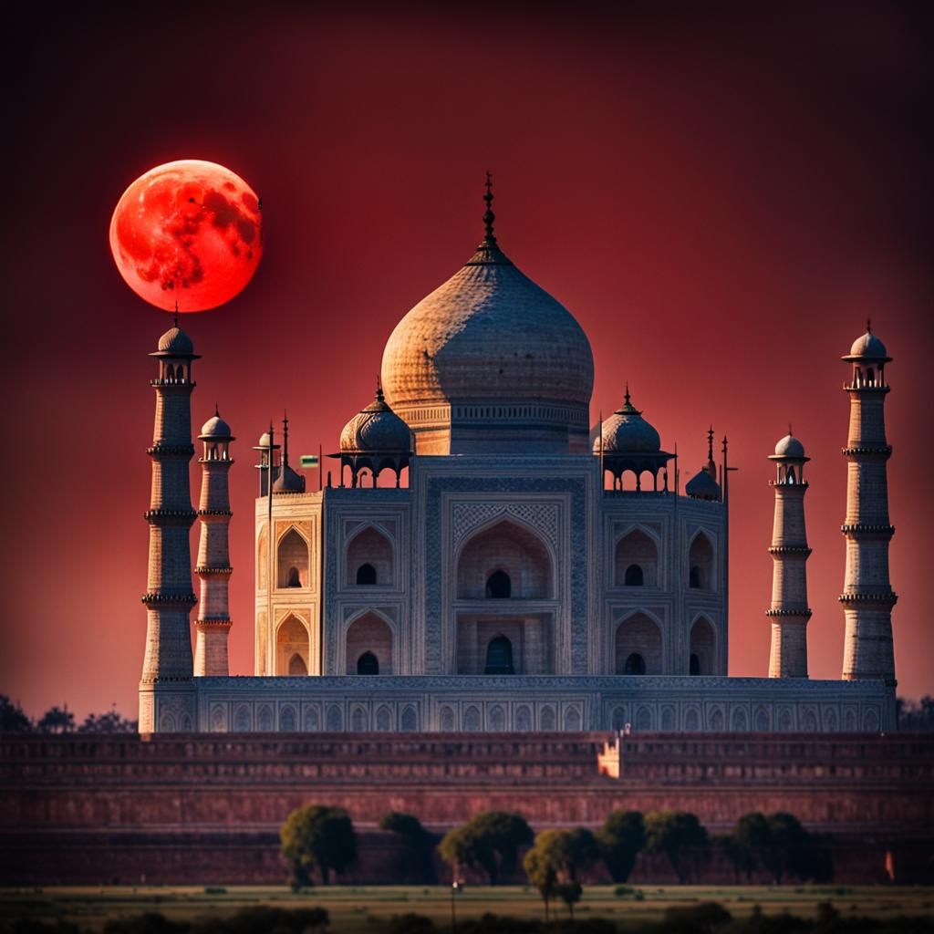 Red Moon Rising Over the Taj Mahal