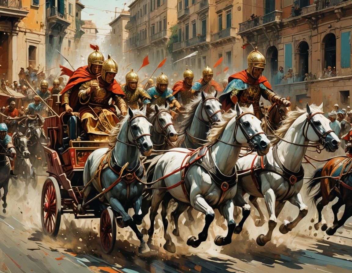 Chariot Race in Rome: Polychromatic Oil Painting