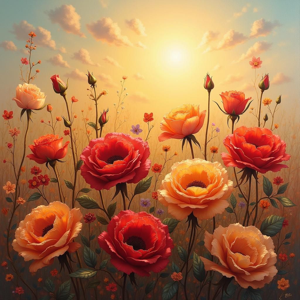 Majestic Multi-Colored Roses in Dreamy Sky