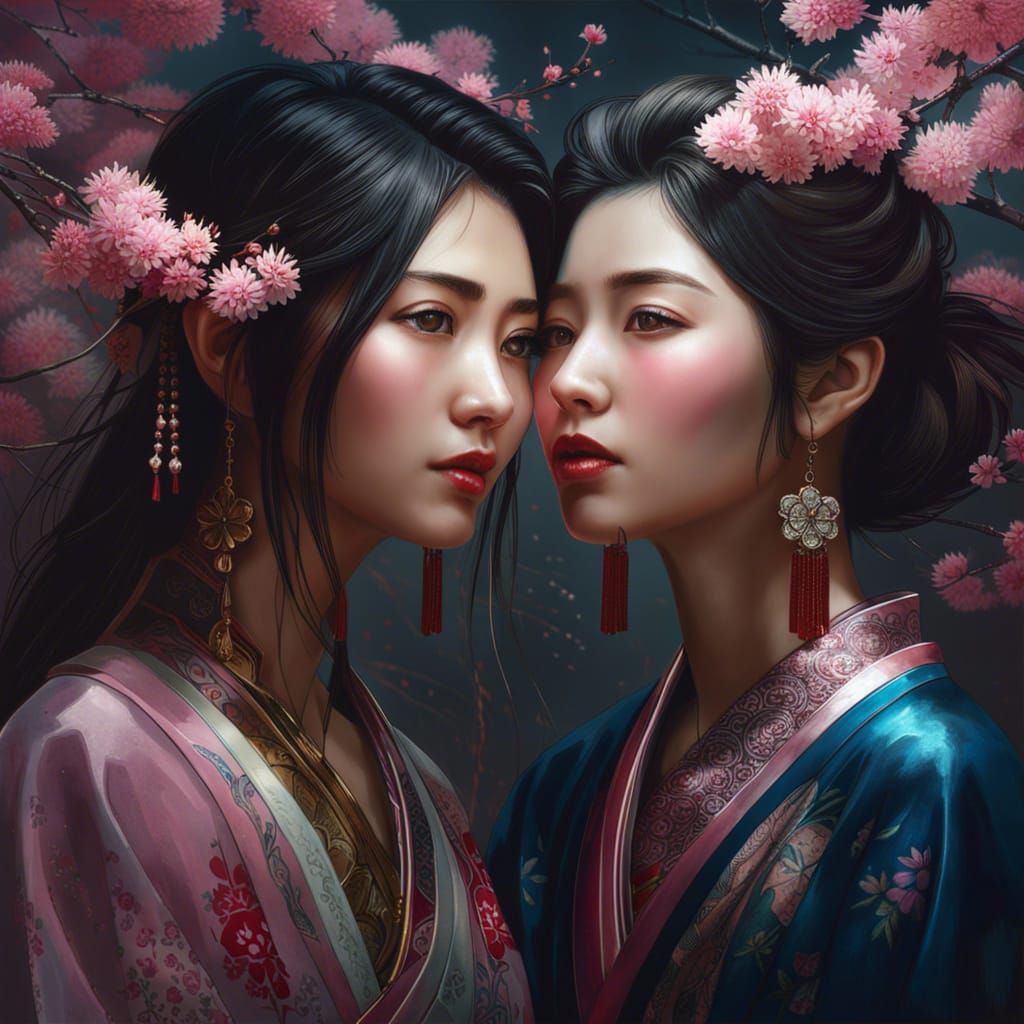 Intimate Portrait of Japanese Women with Cherry Blossoms