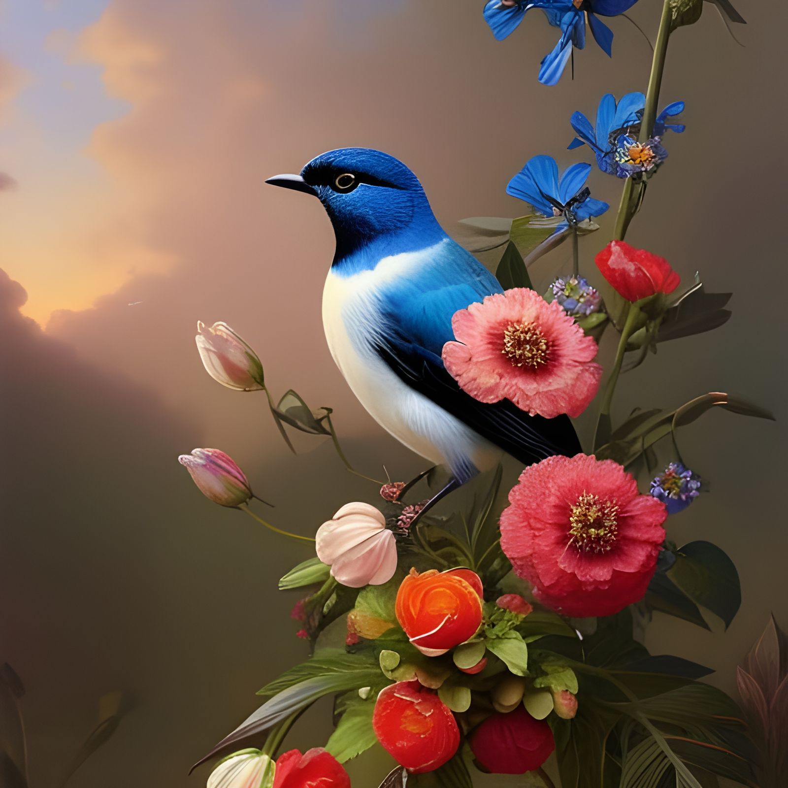 Blue Bird in Baroque Flower Garden, Detailed Portrait