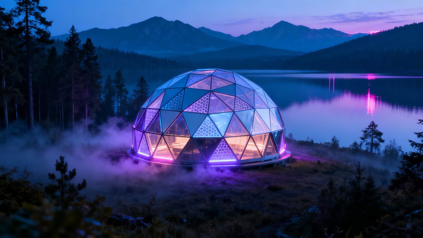 Futuristic Dome by Calm Lake at Dusk