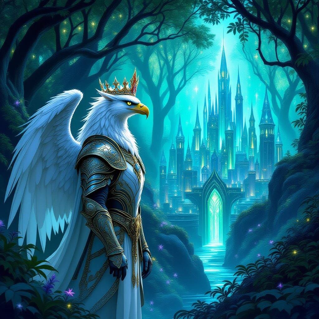 Griffin Guards Bioluminescent Elven City in High Fantasy Art