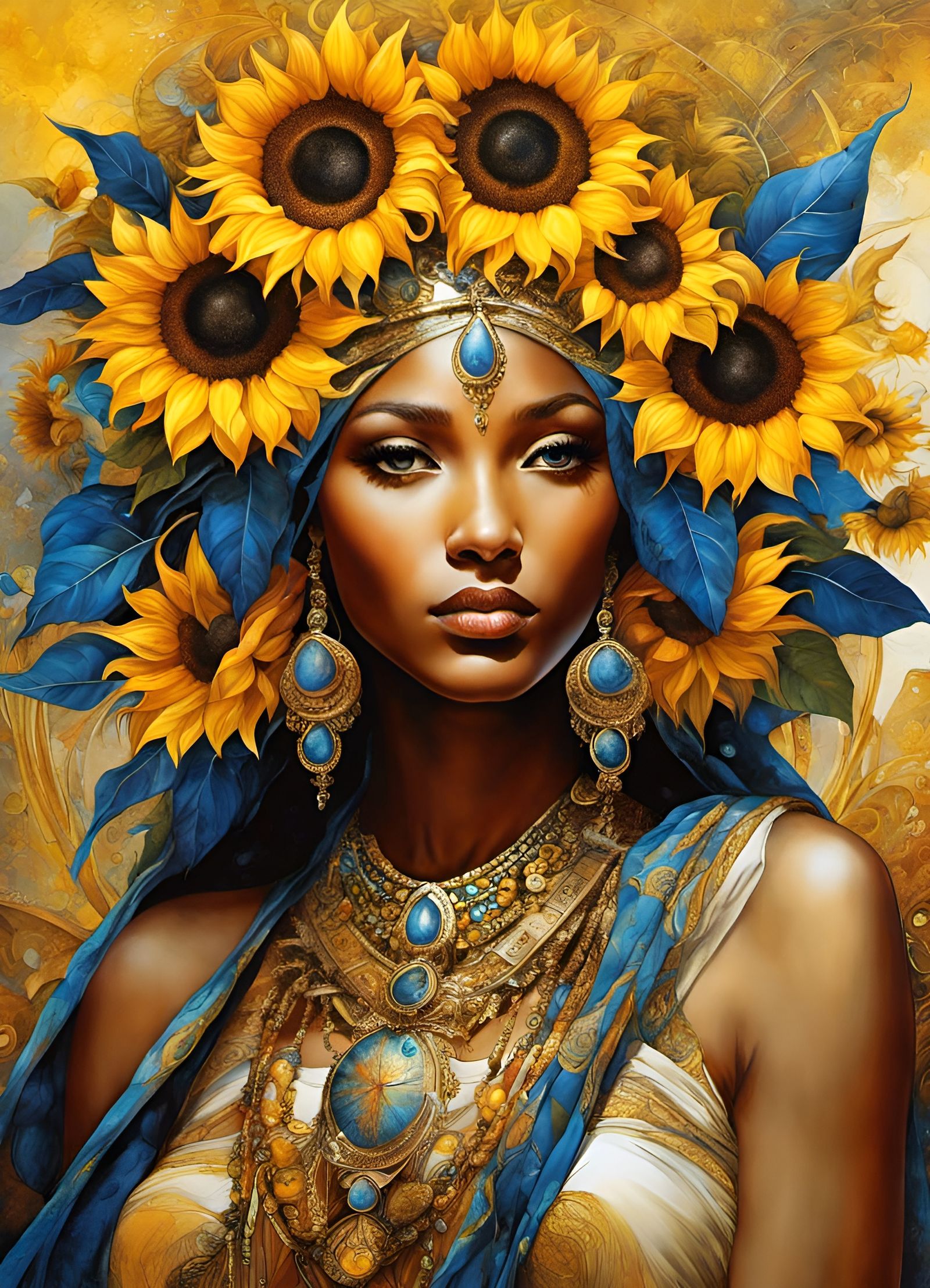 Golden Sunflower Sorceress Queen: Hyperdetailed Masterpiece