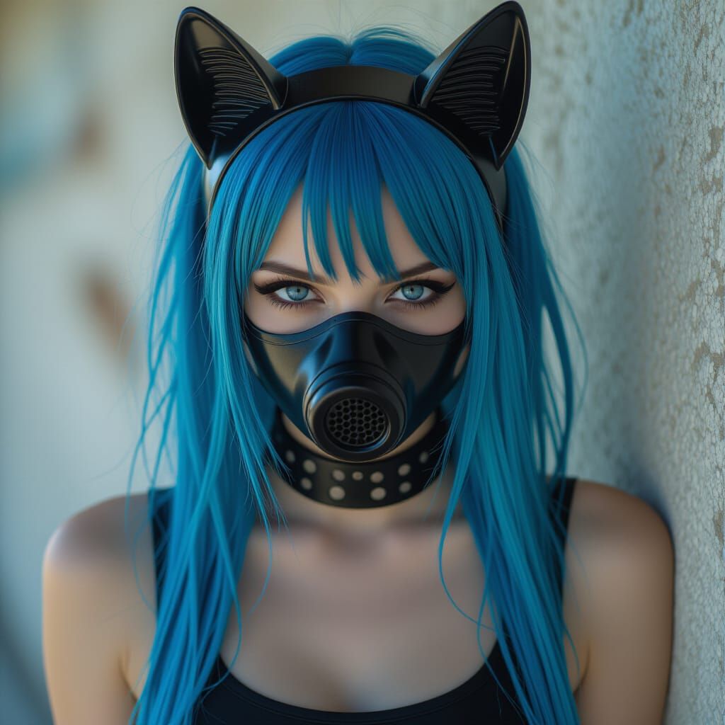Girl with Blue Hair and Latex Mask in Cinematic Style