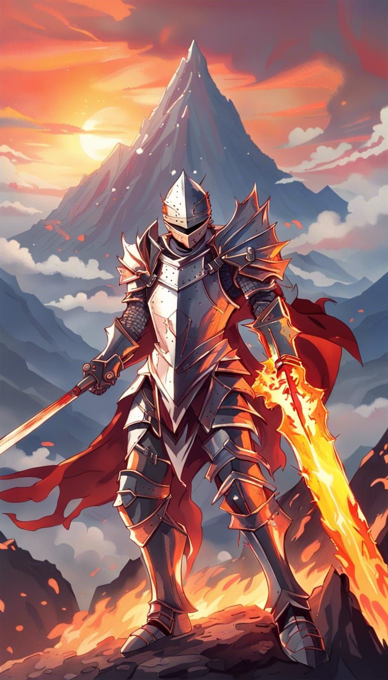 Fantasy Knight with Flaming Sword in Anime Style