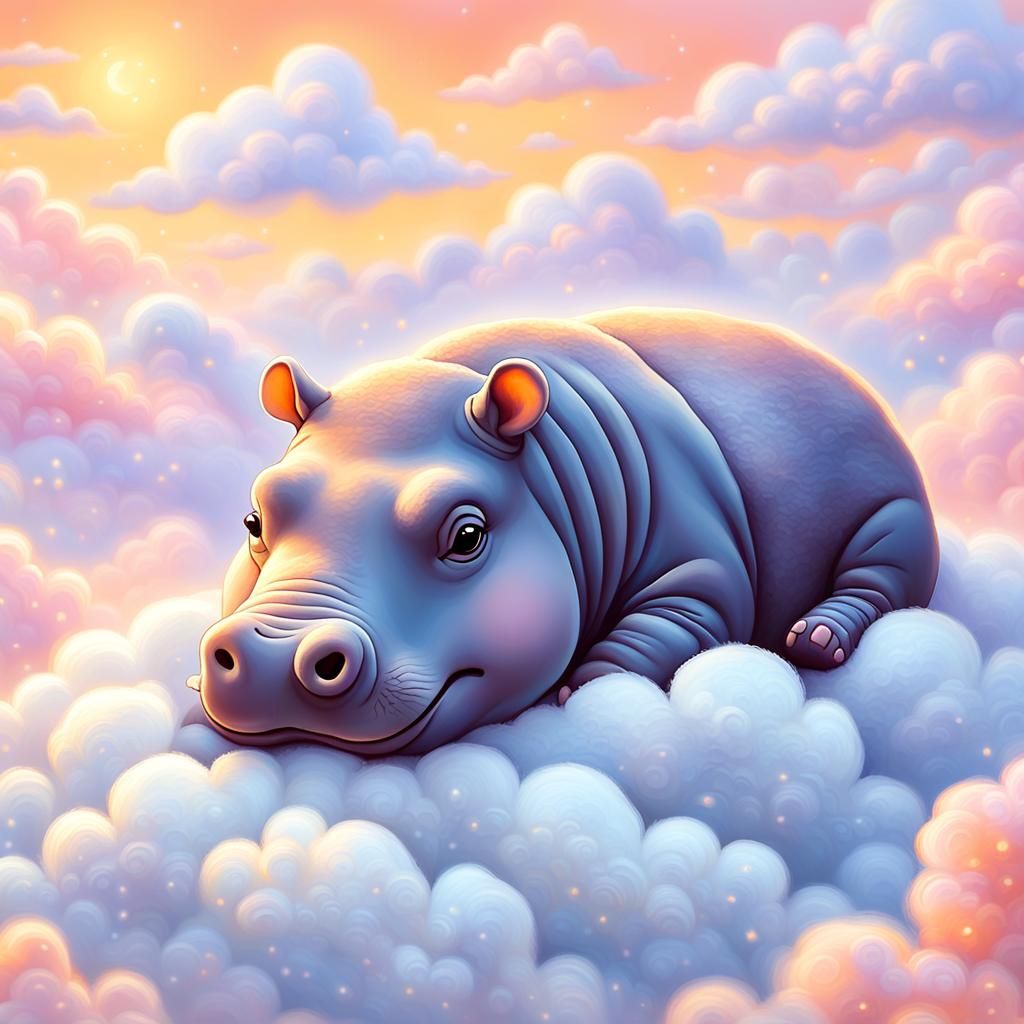 Whimsical Hippo Baby in Fluffy Cloud Bedding
