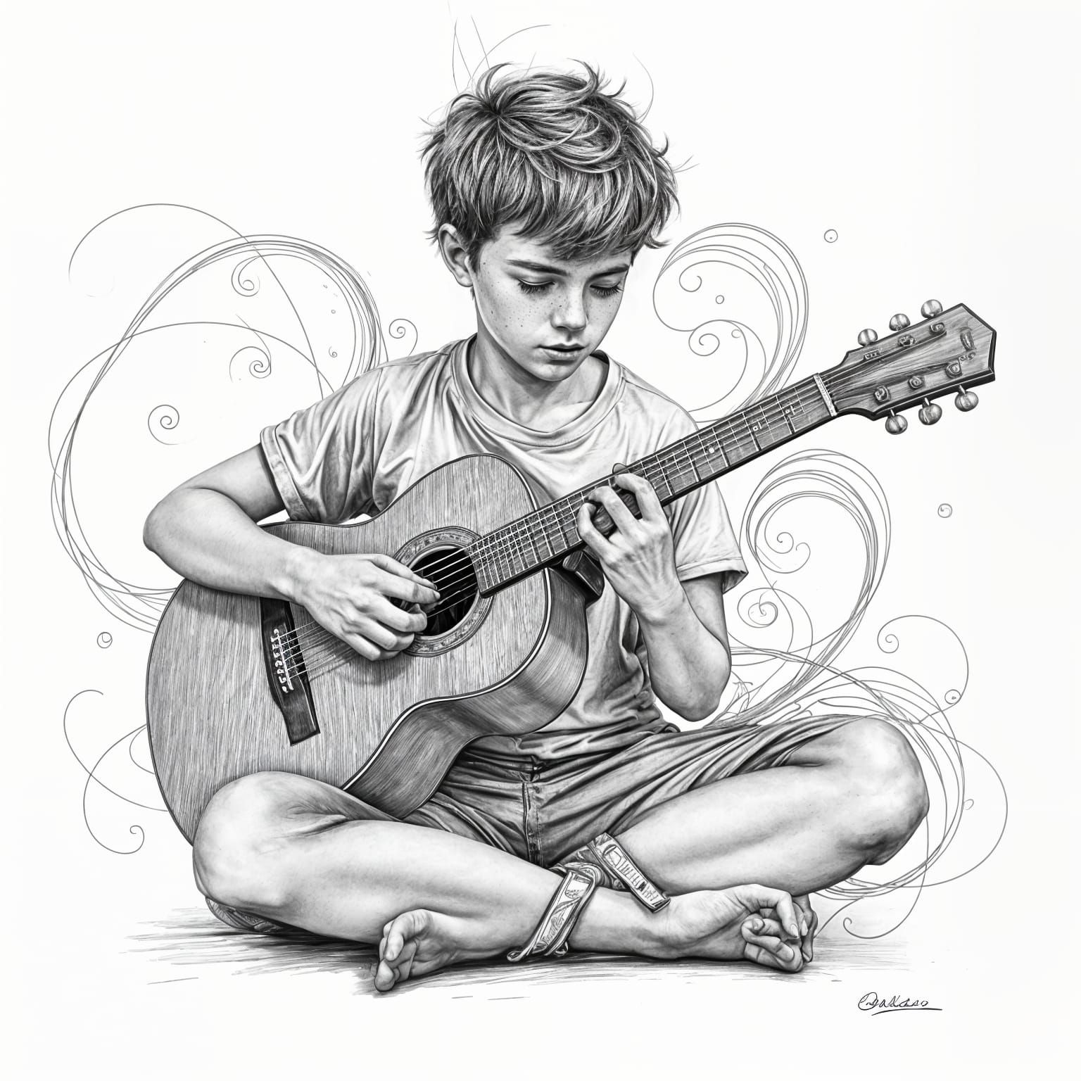 Hyperdetailed Guitarist in Charcoal Drawing Style