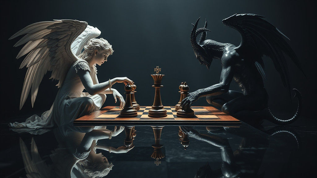 Angel and Devil Chess Game in Dark Surrealism
