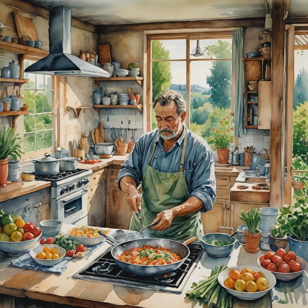 Watercolor The famous chef
 is cooking his favorite dish in ...