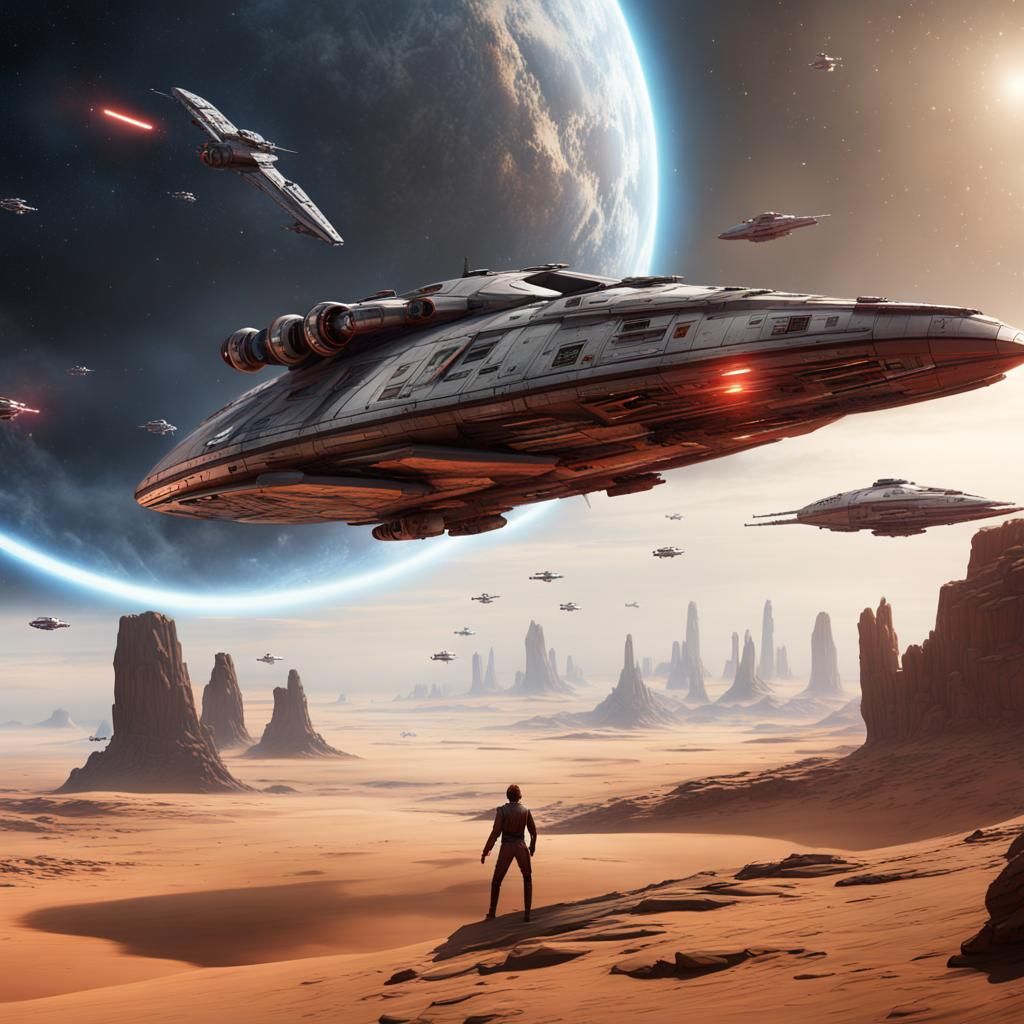 Star Wars Spaceship Battle with Jedi, Matte Painting