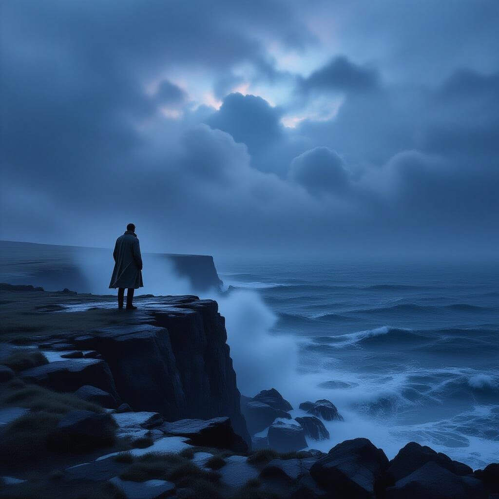 Man on Windswept Cliff Overlooking Stormy Sea