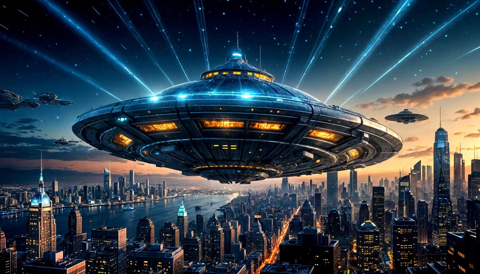 Silver UFO Over City at Night