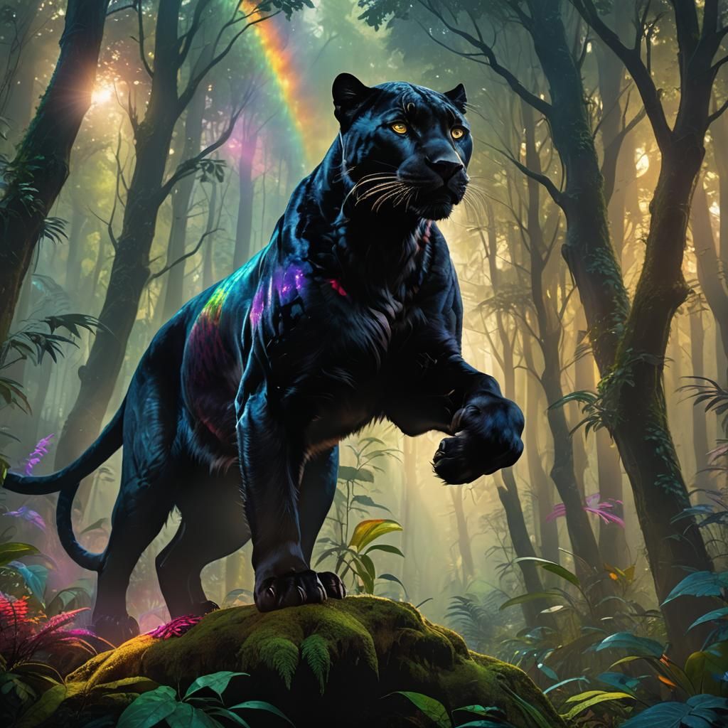 Rainbow Panther in Mystical Forest: Fantasy Art