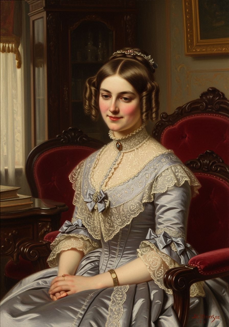 Victorian Woman's Shy Smile in Ornate Parlor Oil Painting