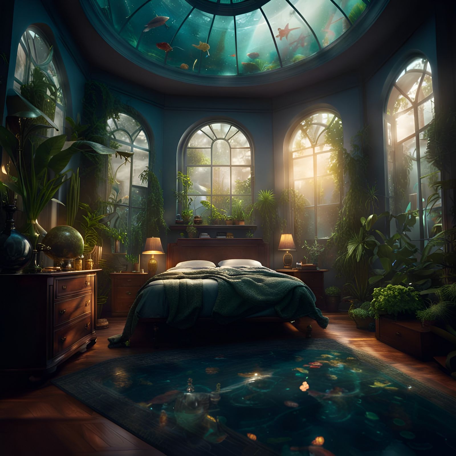 Aquatic Bedroom Oasis in Digital Painting Style