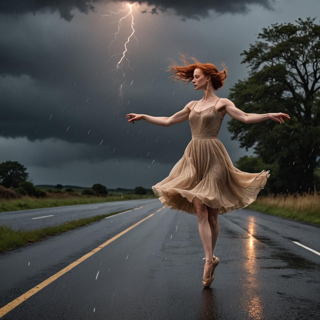 Ballerina's Sorrowful Dance on a Rainy Night