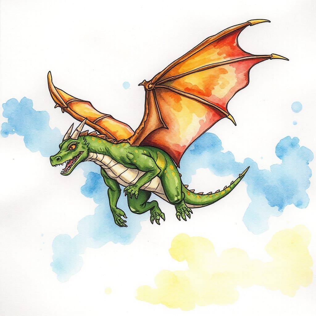 Dragon in Flight Watercolor Painting