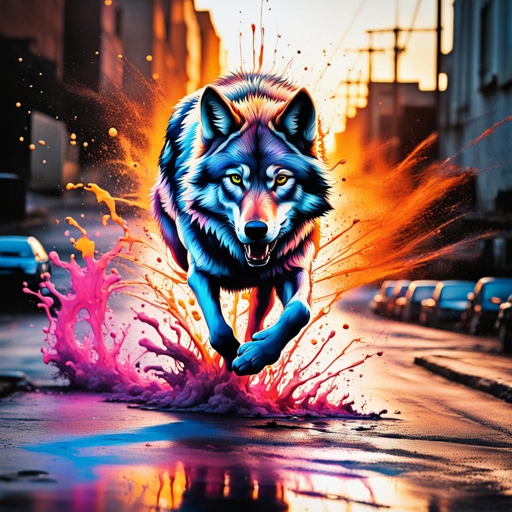 Sunset Wolf in Colorful Graffiti Art Style