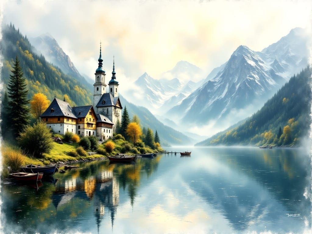Austrian Lakeside Village in Fog, Watercolor Style