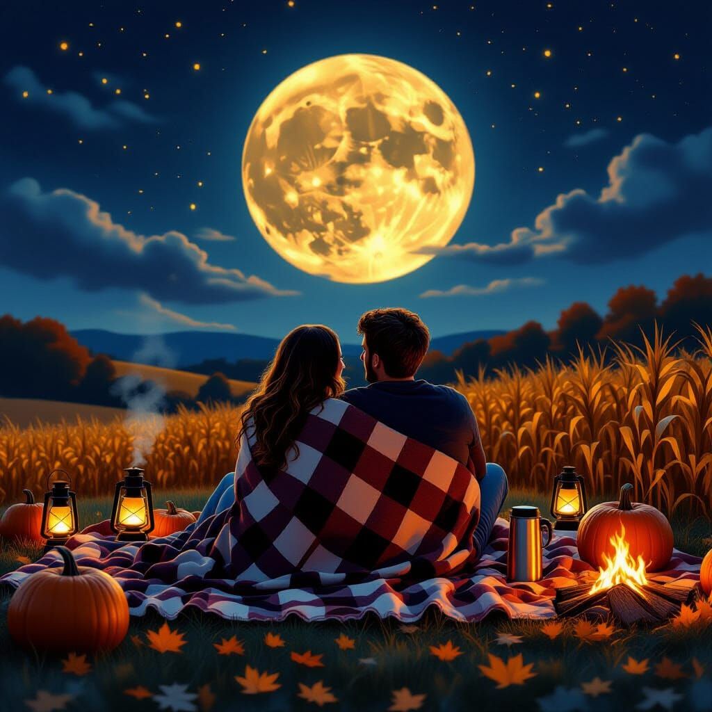 Romantic Picnic Under Harvest Moon, Digital Matte Painting