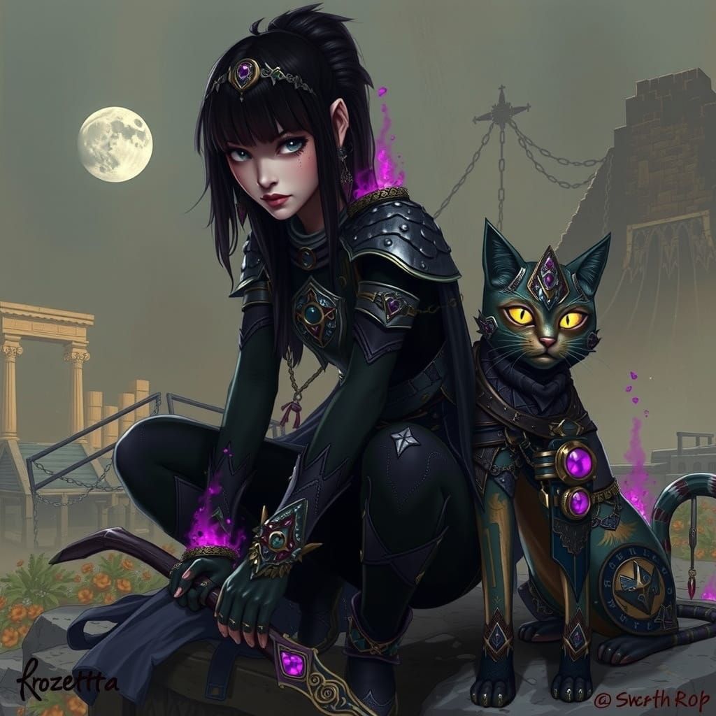 Fantasy Warrior Goddess with Majestic Cat Companion