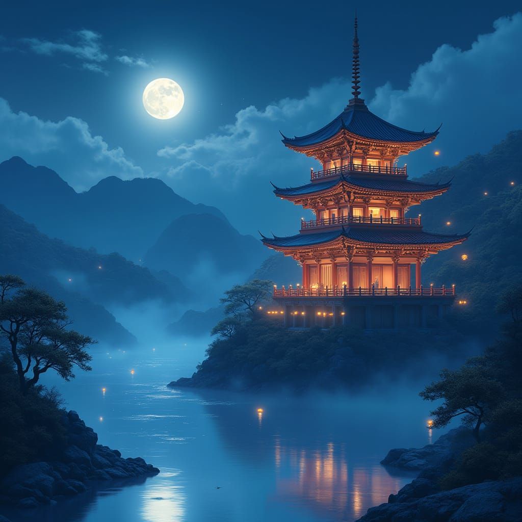 Majestic Pagoda in Mystical Night Landscape