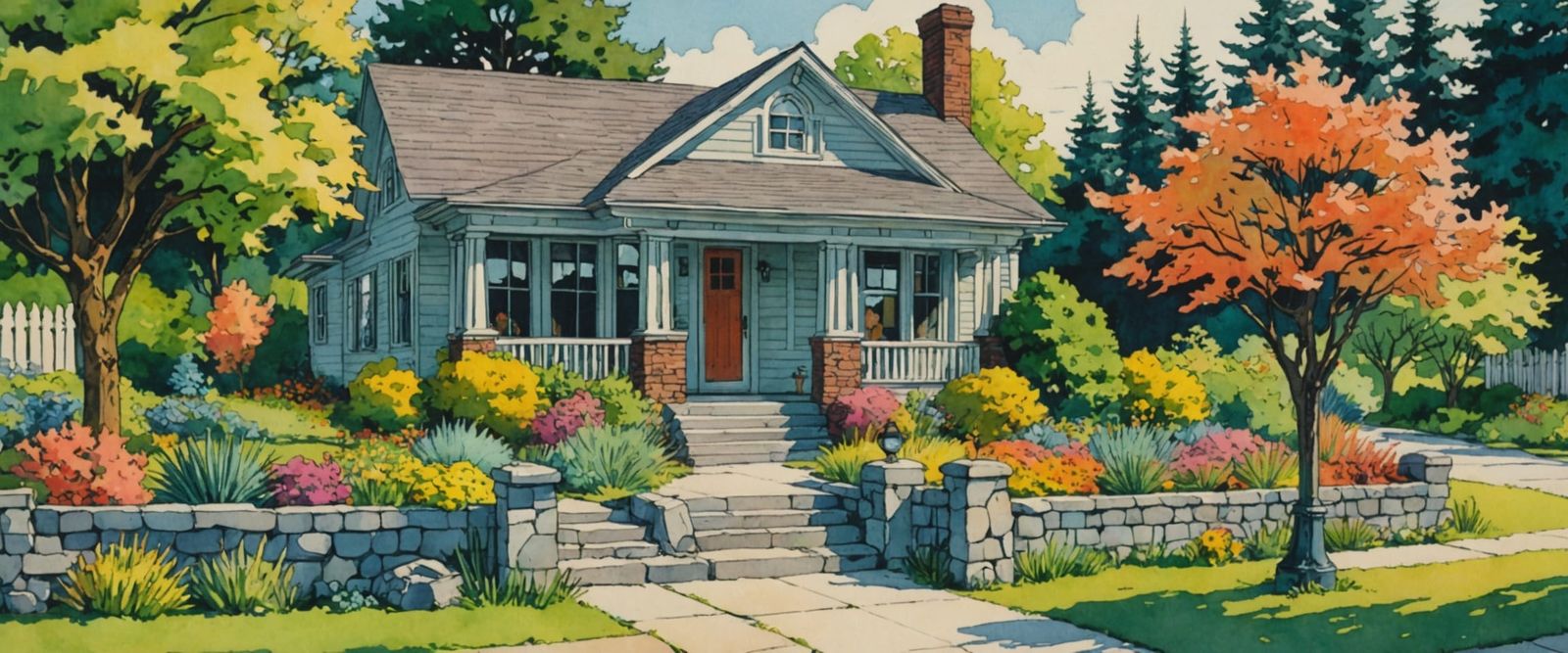 Quaint Stone Bungalow Ranch House in Watercolor Style