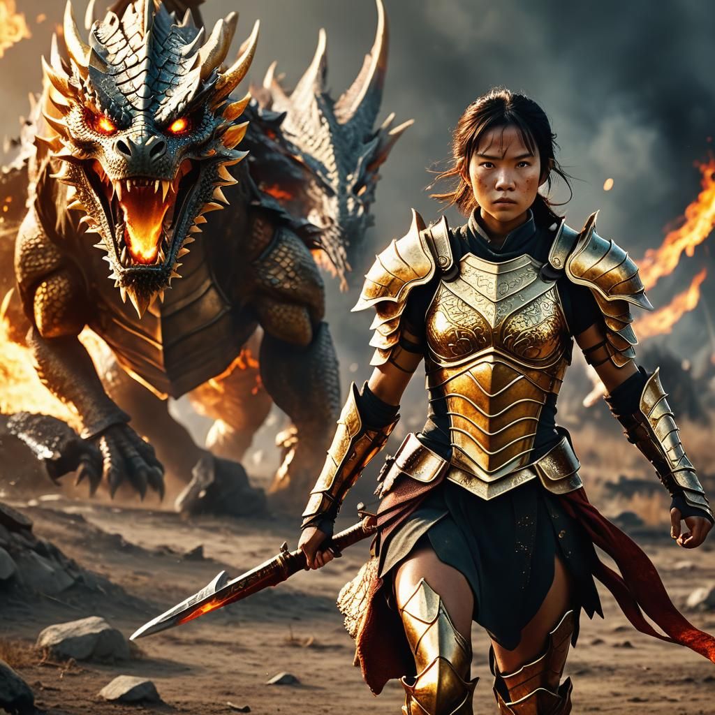 Half-Dragon Warrior on Burning Battlefield