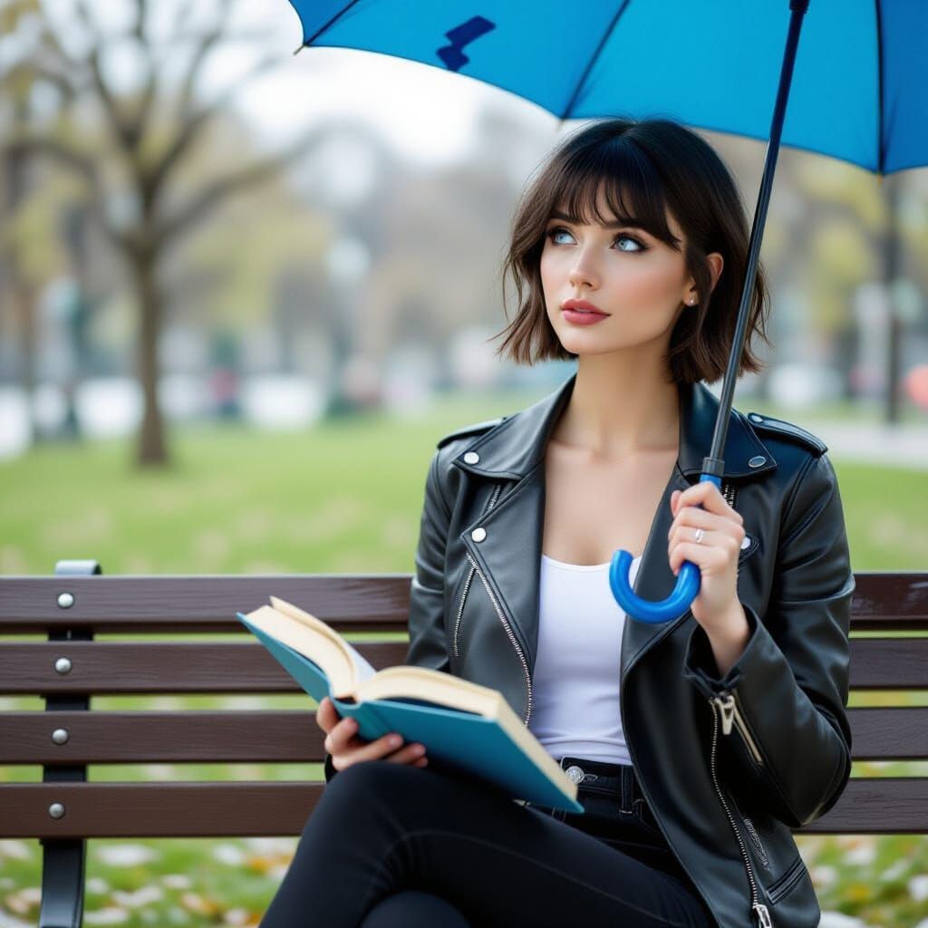 Woman Reading on Park Bench with Blue Umbrella