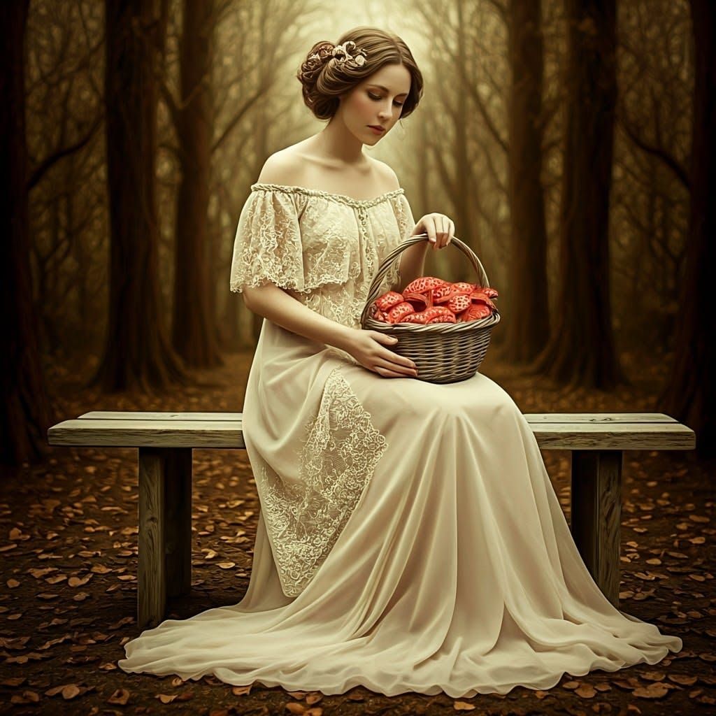 Lady Surrounded by Red Mushrooms in Whimsical Art Style