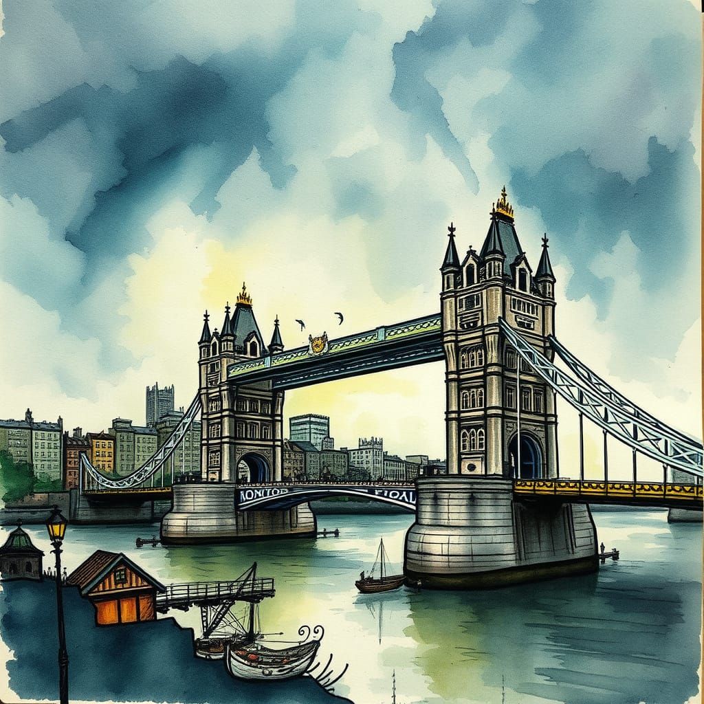 London Bridge in Steampunk Watercolor