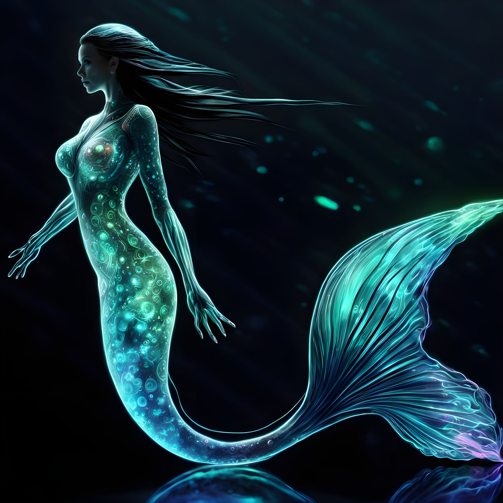 Charcter-mix{Lauren German, Gal Gadot, Scarlett Johansson} as A majestic fractal mermaid formed from a swarm of tiny, lu...