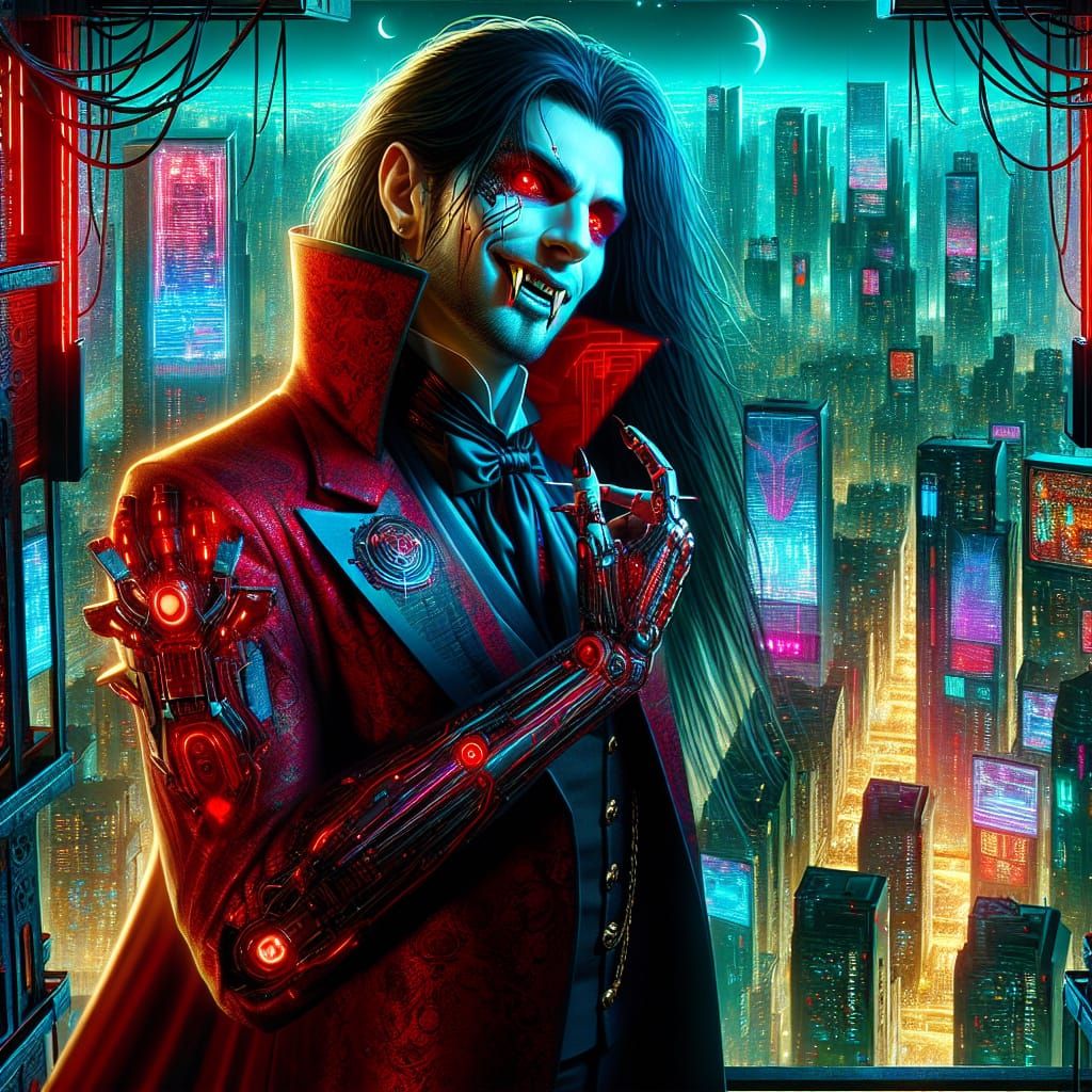 Cyberpunk Vampire in Neon Cityscape