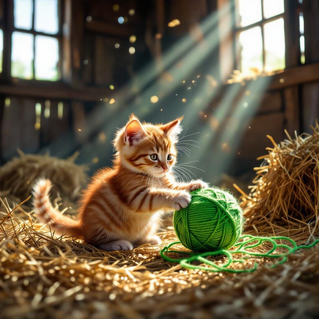 Orange Tabby Kitten Plays in Hay-Filled Barn