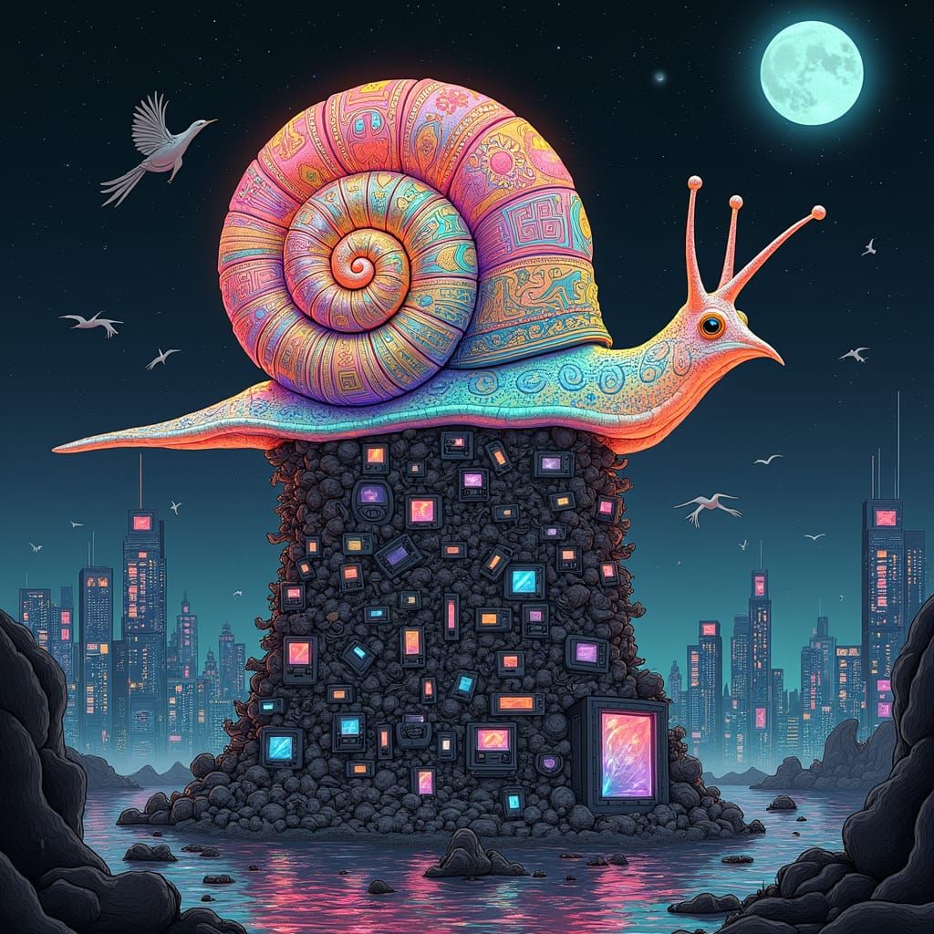 Psychedelic Snail Atop Futuristic Skyscraper