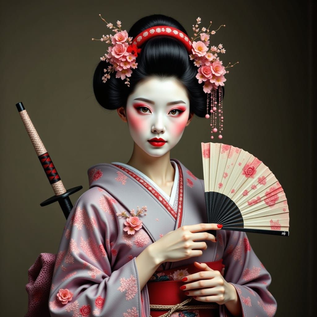 Elegant Geisha with Katana and Fan