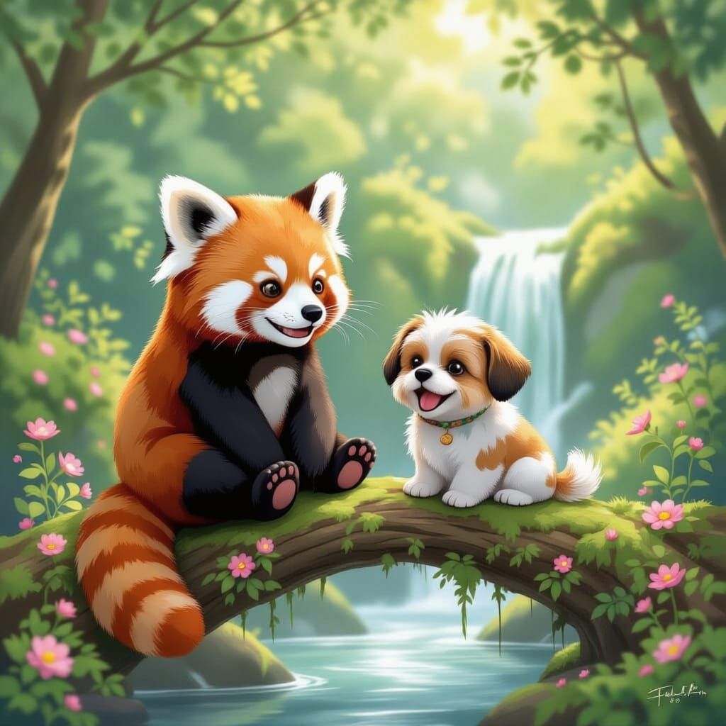 Red Panda and Maltese Dog on Mossy Branch