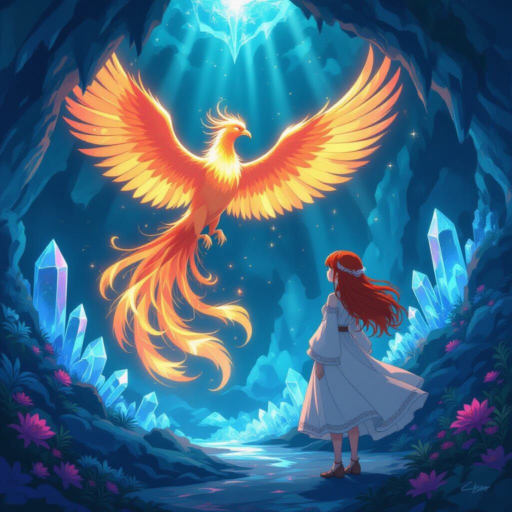 Anime Girl Gazing at Luminous Phoenix Spirit in Ghibli Style